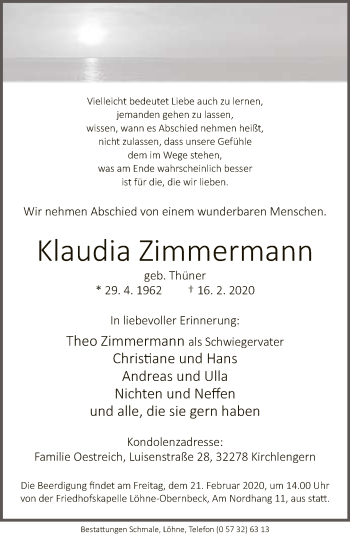 Traueranzeige von Klaudia Zimmermann von Neue Westfälische