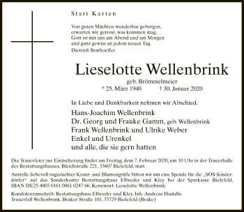 Traueranzeige von Lieselotte Wellenbrink von Neue Westfälische