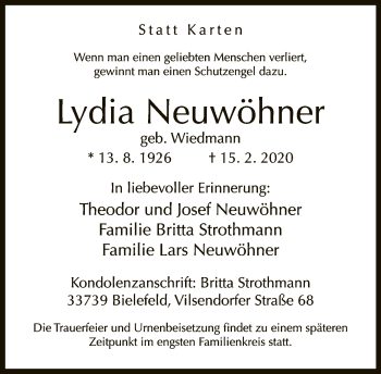 Traueranzeige von Lydia Neuwöhner von Neue Westfälische