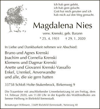 Traueranzeige von Magdalena Nies von Neue Westfälische