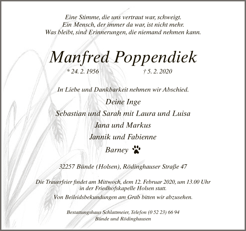  Traueranzeige für Manfred Poppendiek vom 08.02.2020 aus Neue Westfälische