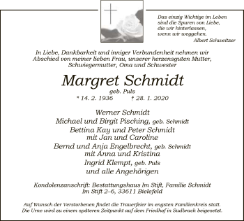 Traueranzeige von Margret Schmidt von Neue Westfälische