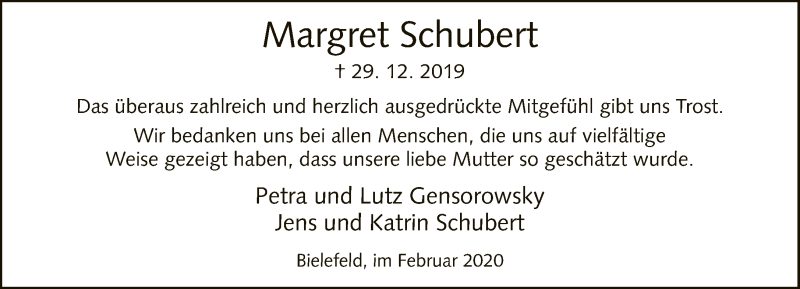  Traueranzeige für Margret Schubert vom 01.02.2020 aus Neue Westfälische