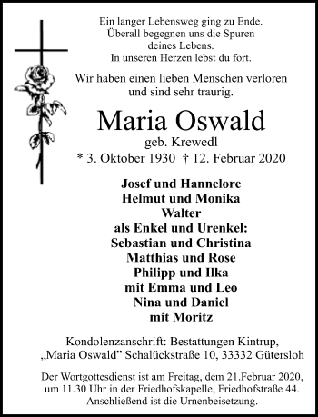 Traueranzeige von Maria Oswald von Neue Westfälische