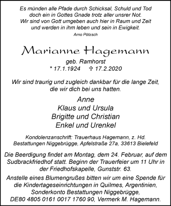 Traueranzeige von Marianne Hagemann von Neue Westfälische