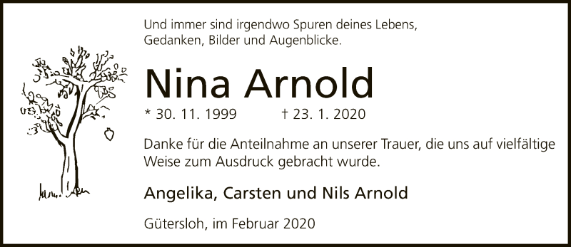  Traueranzeige für Nina Arnold vom 29.02.2020 aus Neue Westfälische