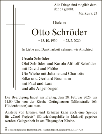 Traueranzeige von Otto Schröder von Neue Westfälische