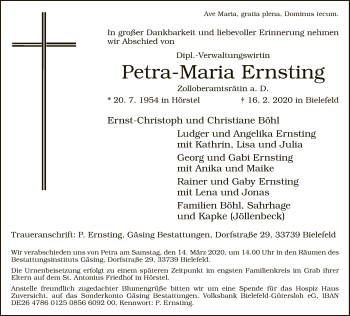Traueranzeige von Petra-Maria Ernsting von Neue Westfälische