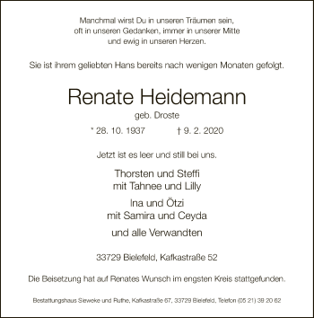 Traueranzeige von Renate Heidemann von Neue Westfälische