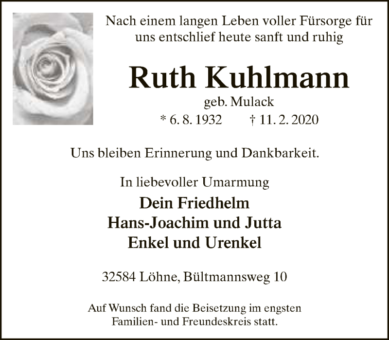  Traueranzeige für Ruth Kuhlmann vom 24.02.2020 aus Neue Westfälische