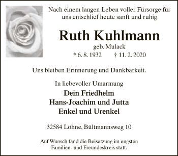 Traueranzeige von Ruth Kuhlmann von Neue Westfälische