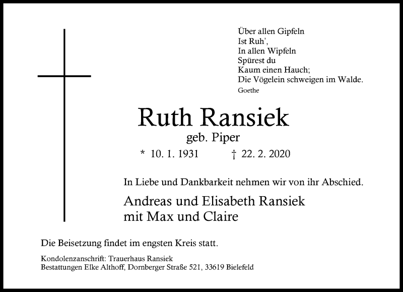  Traueranzeige für Ruth Ransiek vom 29.02.2020 aus Neue Westfälische