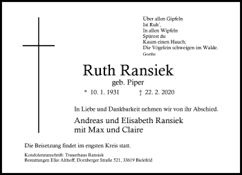 Traueranzeige von Ruth Ransiek von Neue Westfälische