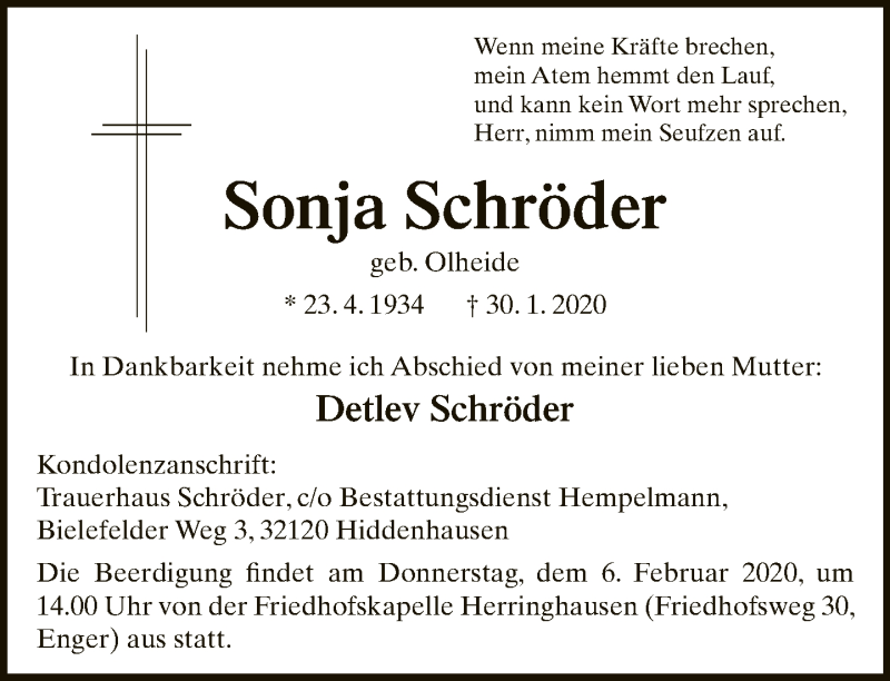  Traueranzeige für Sonja Schröder vom 01.02.2020 aus Neue Westfälische