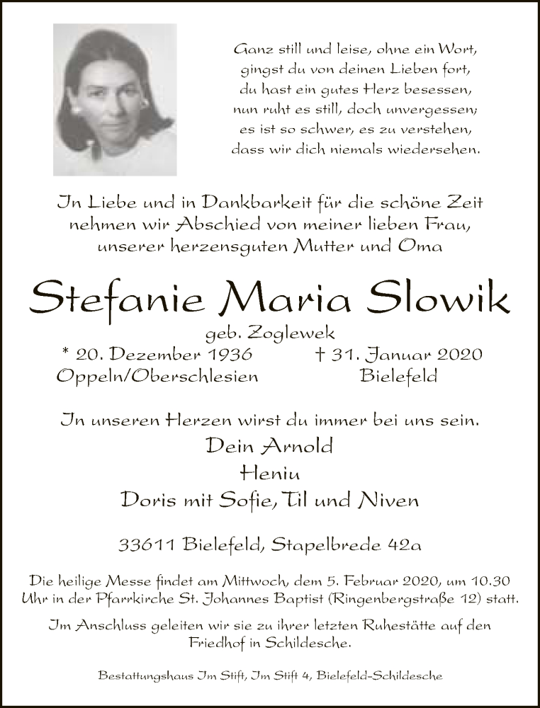  Traueranzeige für Stefanie Maria Slowik vom 01.02.2020 aus Neue Westfälische