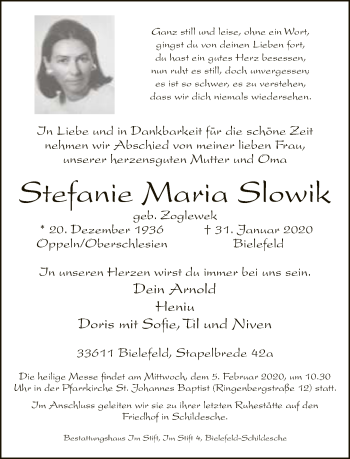 Traueranzeige von Stefanie Maria Slowik von Neue Westfälische