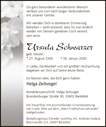 Traueranzeige von Ursula Schwarzer von Neue Westfälische