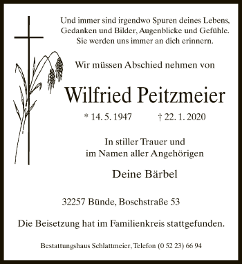Traueranzeige von Wilfried Peitzmeier von Neue Westfälische