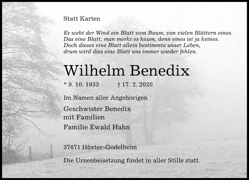  Traueranzeige für Wilhelm Benedix vom 29.02.2020 aus Neue Westfälische