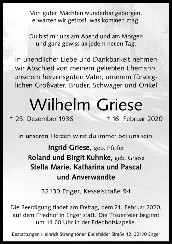 Traueranzeige von Wilhelm Griese von Neue Westfälische