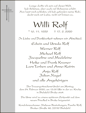 Traueranzeige von Willi Rolf von Neue Westfälische