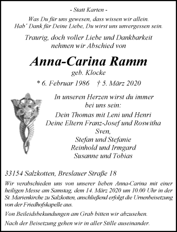 Traueranzeige von Anna-Carina Ramm von Neue Westfälische