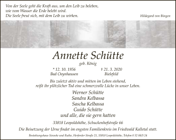 Traueranzeige von Annette Schütte von Neue Westfälische