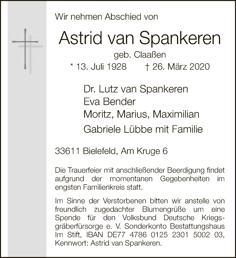  Traueranzeige für Astrid  von Spankeren vom 28.03.2020 aus Neue Westfälische