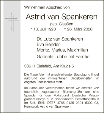 Traueranzeige von Astrid  von Spankeren von Neue Westfälische