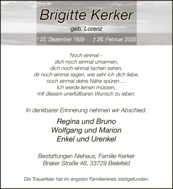 Traueranzeige von Brigitte Kerker von Neue Westfälische