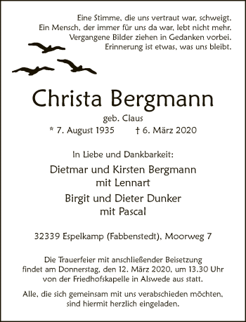 Traueranzeige von Christa Bergmann von Neue Westfälische