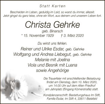 Traueranzeige von Christa Gehrke von Neue Westfälische