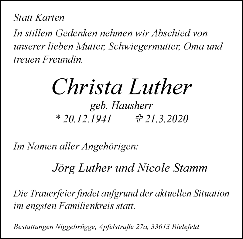  Traueranzeige für Christa Luther vom 28.03.2020 aus Neue Westfälische