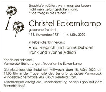 Traueranzeige von Christel Eckernkamp von Neue Westfälische