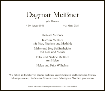 Traueranzeige von Dagmar Meißner von Neue Westfälische