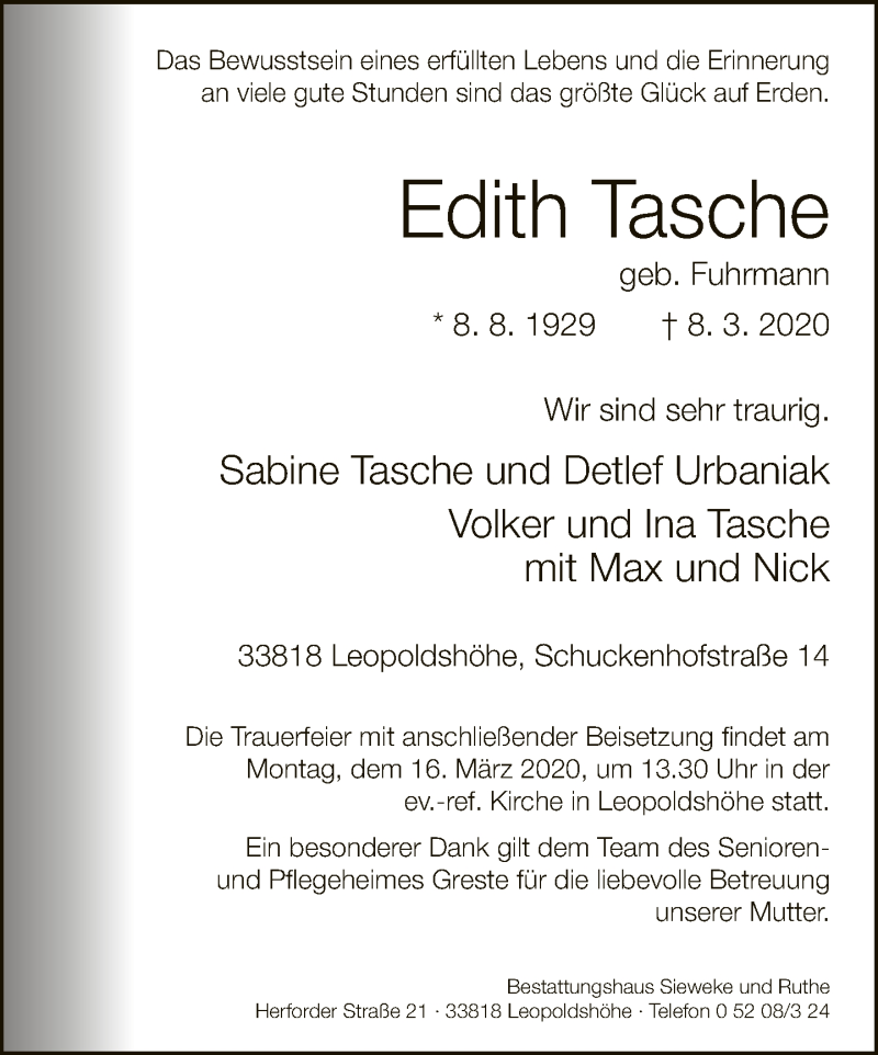 Traueranzeige für Edith Tasche vom 11.03.2020 aus Neue Westfälische