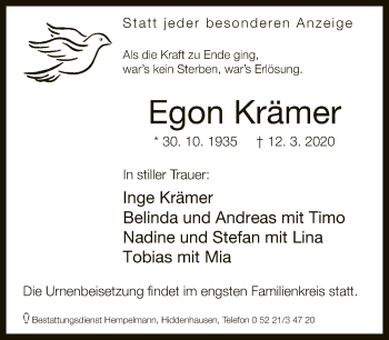 Traueranzeige von Egon Krämer von Neue Westfälische