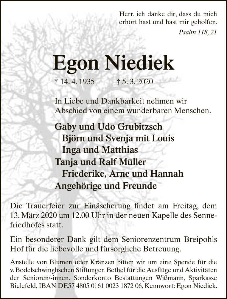  Traueranzeige für Egon Niediek vom 10.03.2020 aus Neue Westfälische