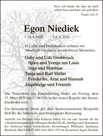 Traueranzeige von Egon Niediek von Neue Westfälische
