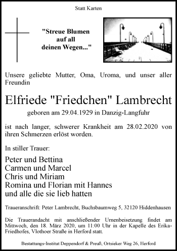Traueranzeige von Elfriede Lambrecht von Neue Westfälische