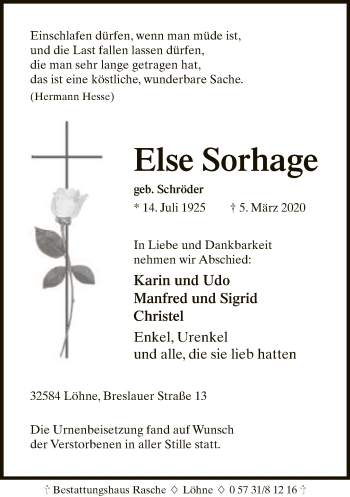 Traueranzeige von Else Sorhage von Neue Westfälische