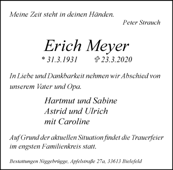Traueranzeige von Erich Meyer von Neue Westfälische