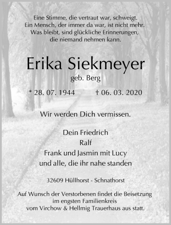 Traueranzeige von Erika Siekmeyer von Neue Westfälische