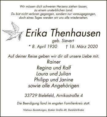 Traueranzeige von Erika Thenhausen von Neue Westfälische