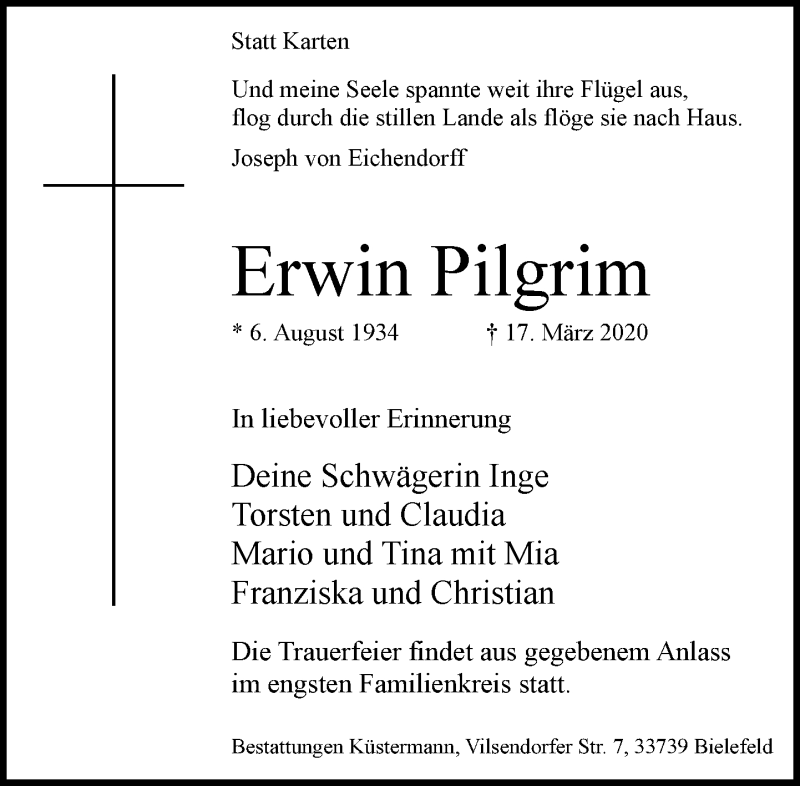  Traueranzeige für Erwin Pilgrim vom 21.03.2020 aus Neue Westfälische
