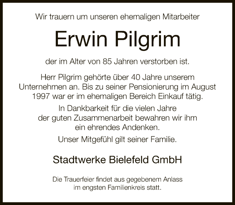  Traueranzeige für Erwin Pilgrim vom 24.03.2020 aus Neue Westfälische