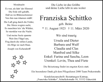 Traueranzeige von Franziska Schittko von Neue Westfälische