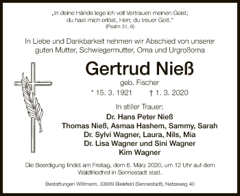 Traueranzeige von Gertrud Nieß von Neue Westfälische