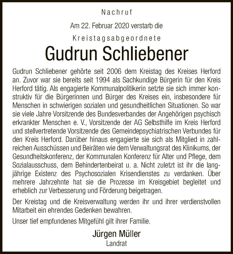  Traueranzeige für Gudrun Schliebener vom 14.03.2020 aus Neue Westfälische