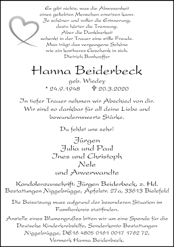 Traueranzeige von Hanna Beiderbeck von Neue Westfälische